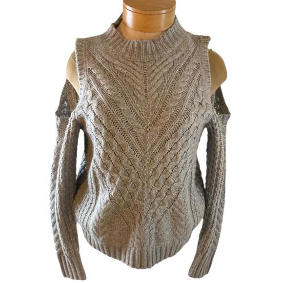 Express Women's Large Cream Beige Sweater Cold Shoulder Cable Knit Mock Neck - Picture 1 of 10